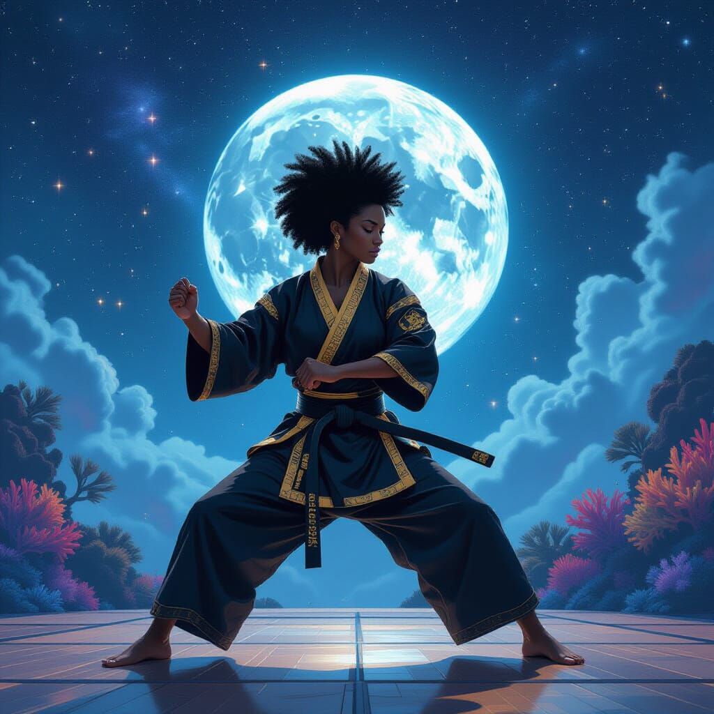 Cosmic Dojo: Martial Artist in Astral Illustration