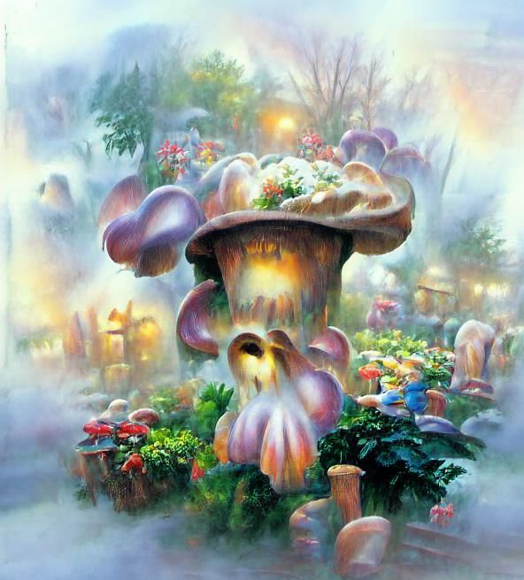 Ethereal Mushroom Garden in Morning Mist, Kinkade Style