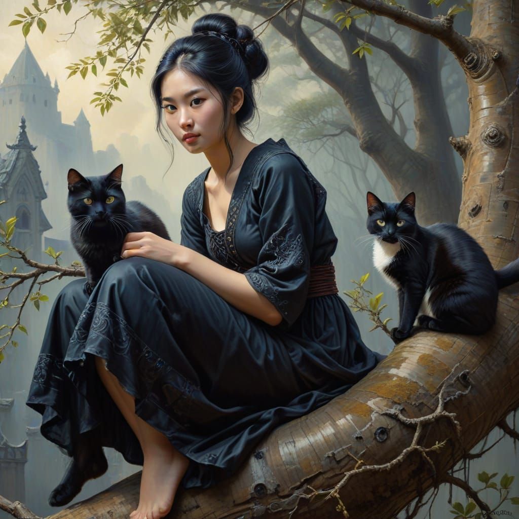 Asian Woman and Cat on Tree Branch in Gothic Fantasy Style