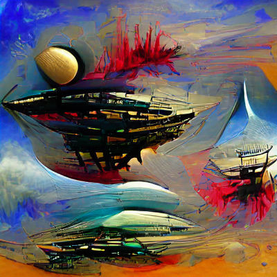 Spaceships Orbiting Destroyed Planet in Surreal Style