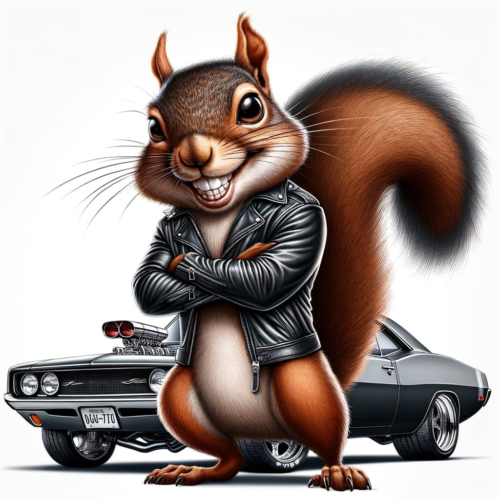 Mischievous Squirrel in Muscle Car