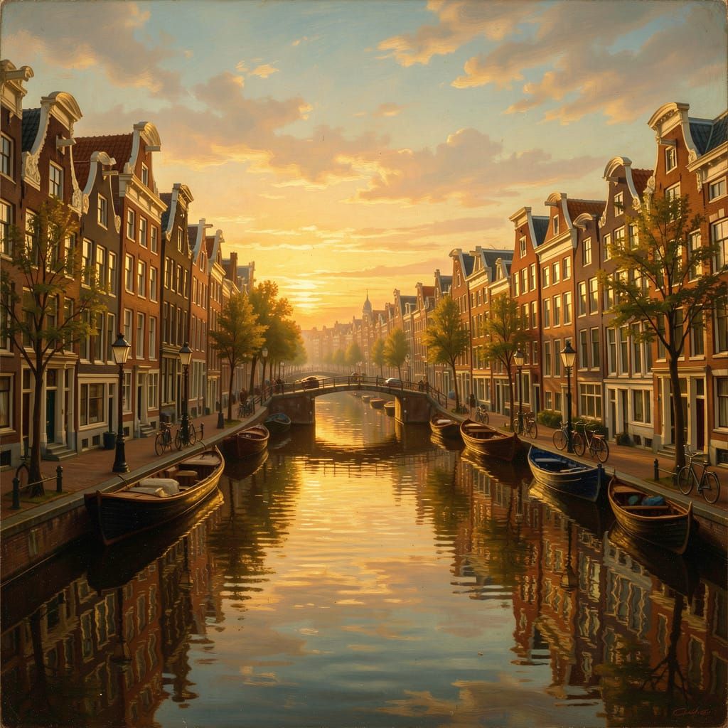 Amsterdam Canals at Sunrise in Dutch Golden Age Style