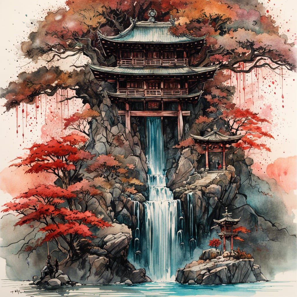 Shinto shrine above the waterfall