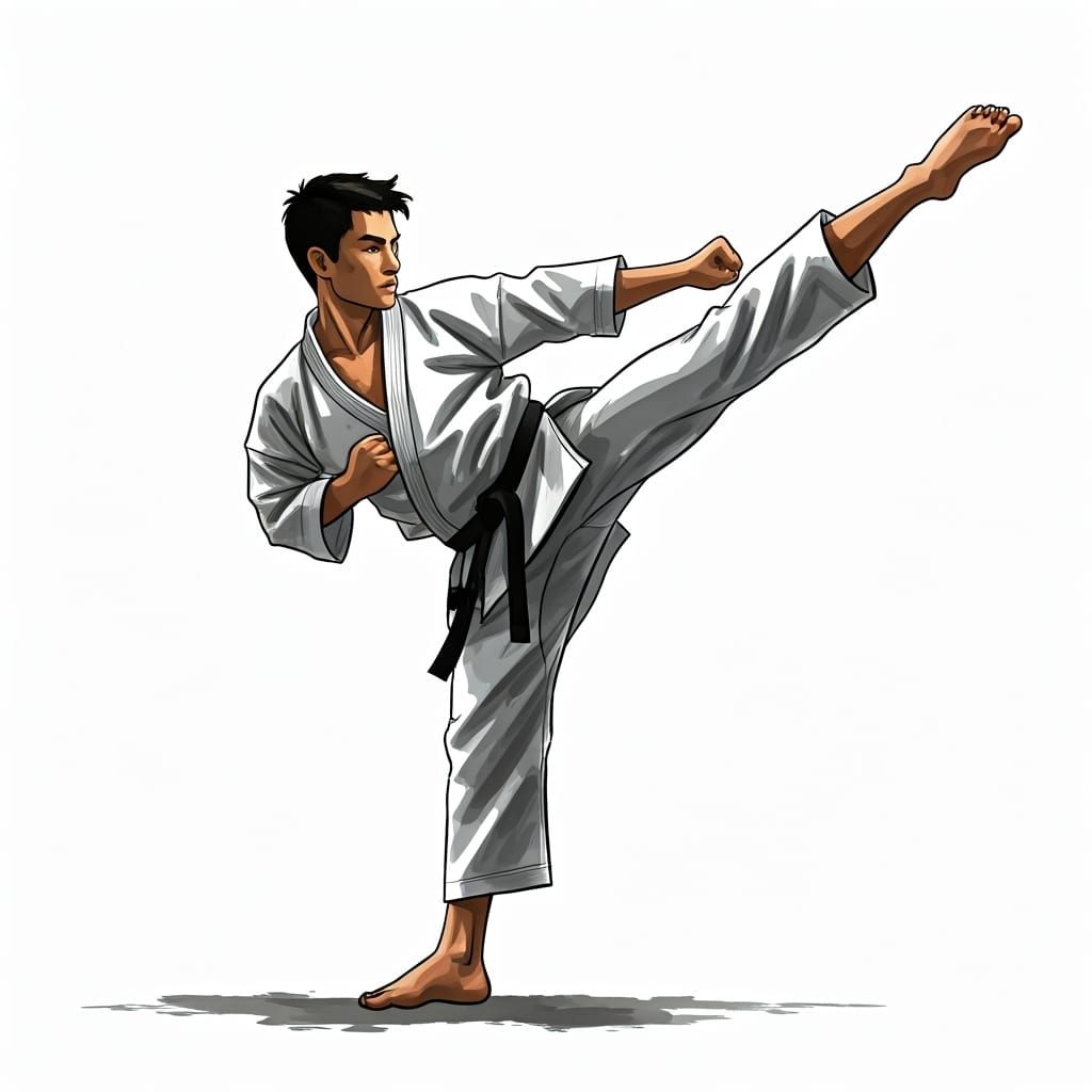 Dynamic Karate Mid-Kick in Sumi-e Ink Style