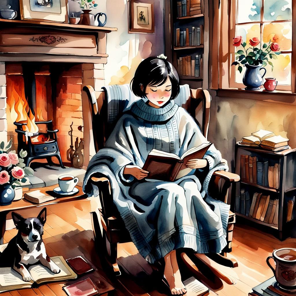 Girl in Rocking Chair: Whimsical Watercolor Illustration