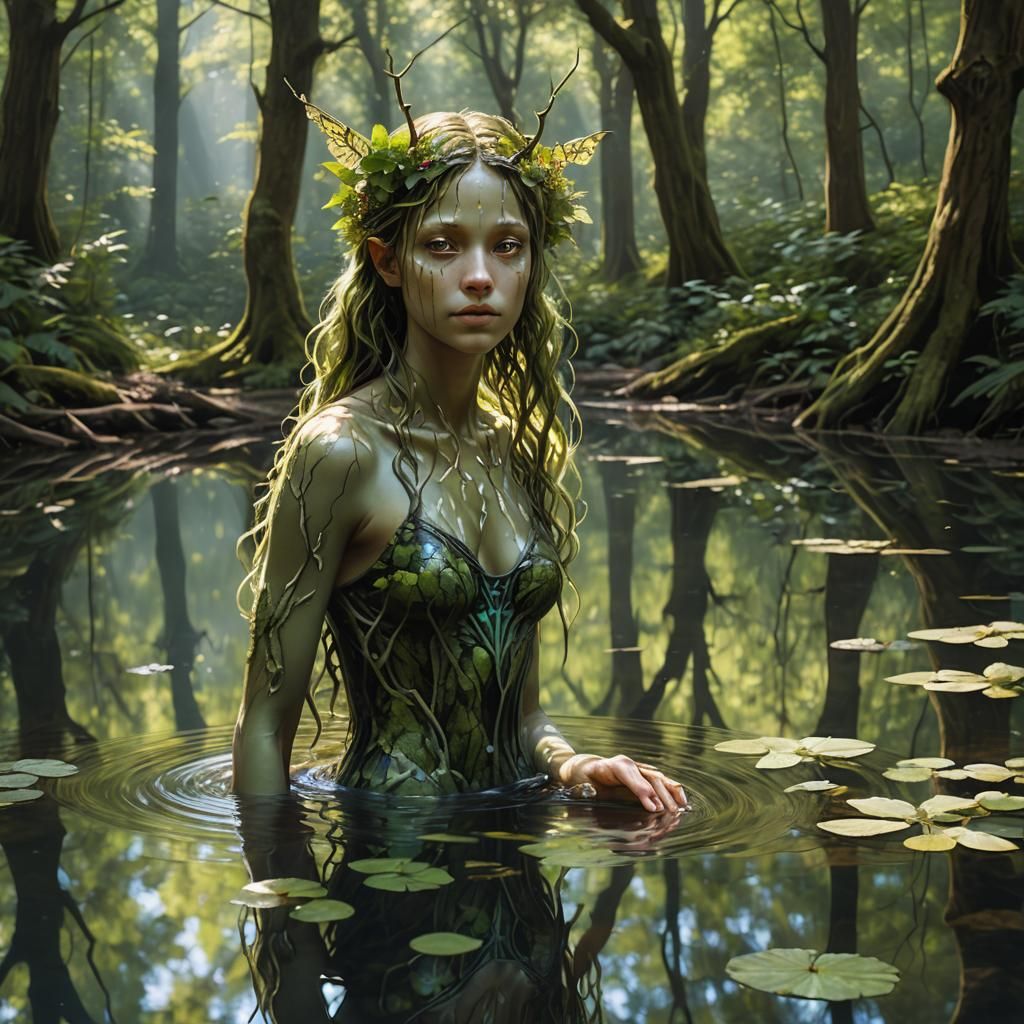Tree Nymph Gazing at Reflection in Forest Pool