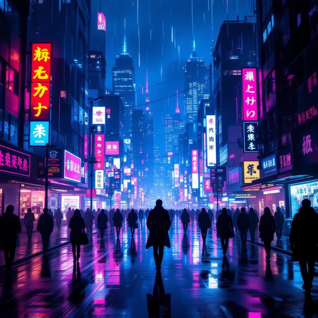 Cyberpunk Cityscape at Night in the Rain