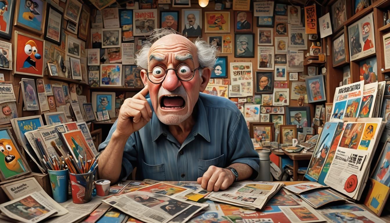 Grumpy Old Man Yelling from Kiosk: Pixar Cartoon