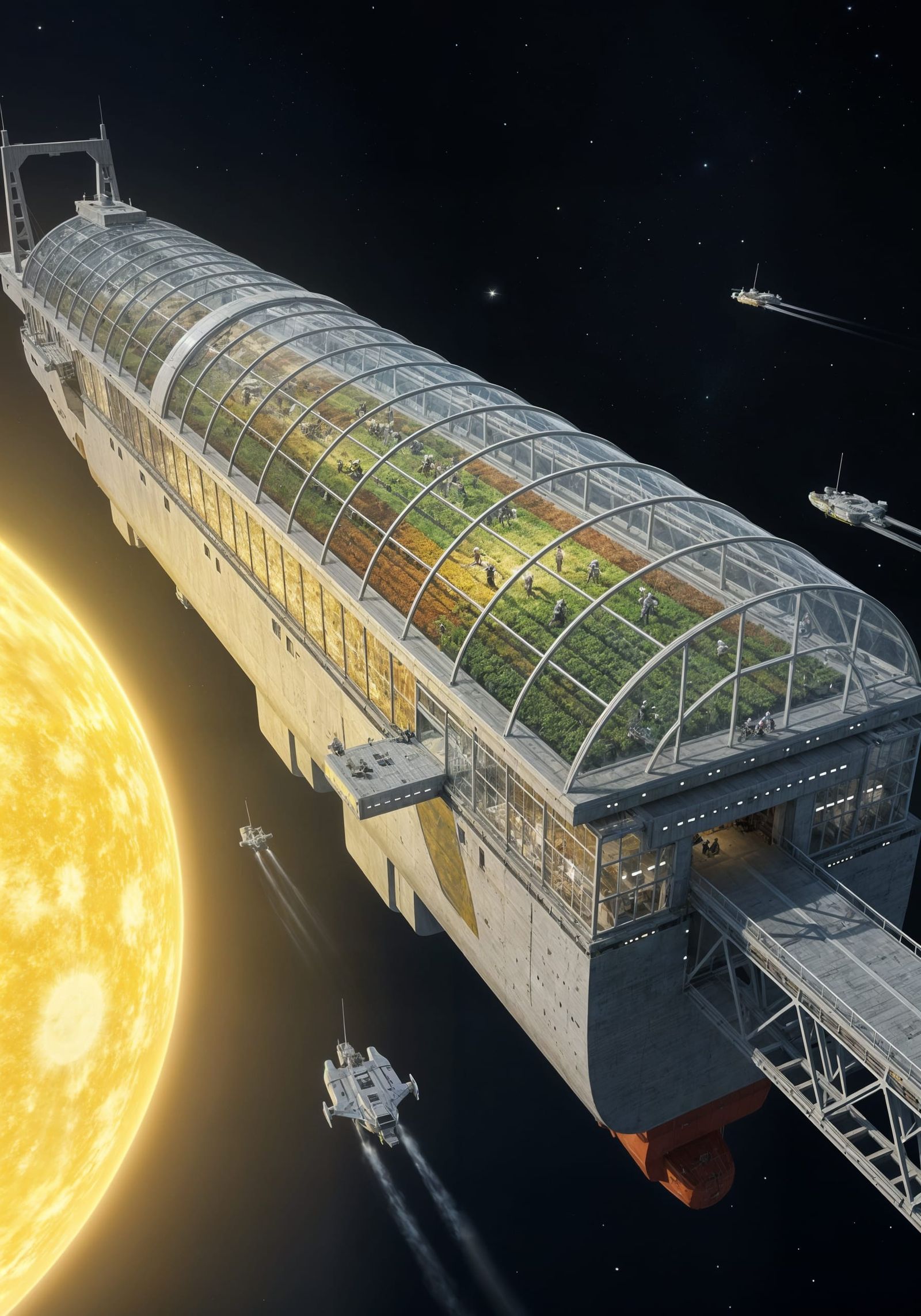 Interstellar Greenhouse Ship Harvesting Crops in Space