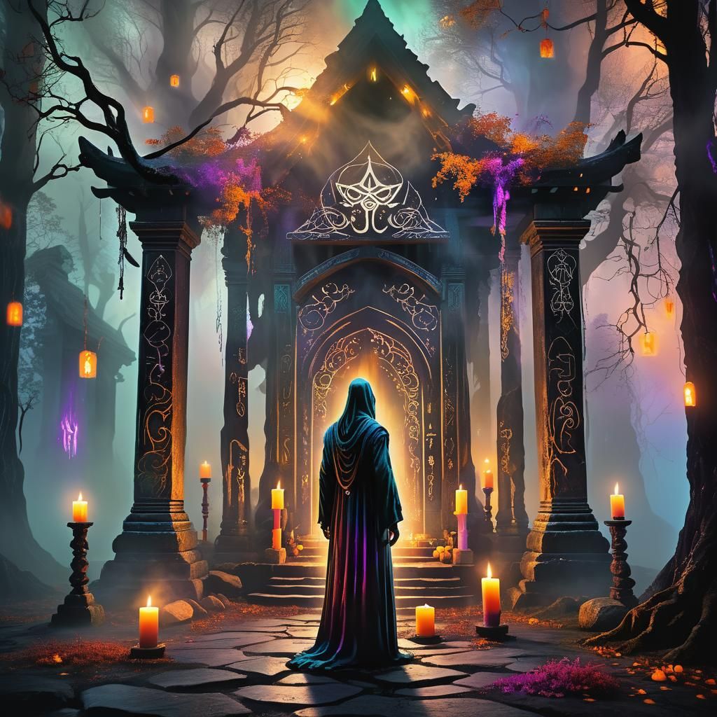 Ethereal Ancestral Shrine at Night in Digital Art