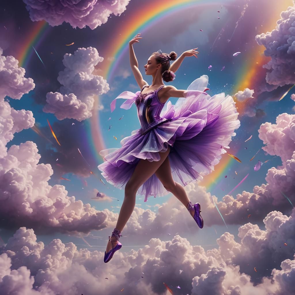 Purple Ballerina Dancing in Rainbow Cloud