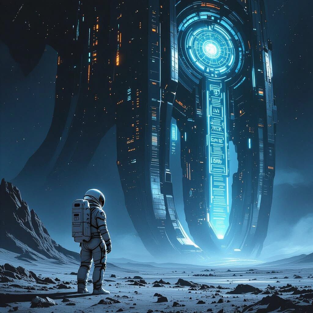 Astronaut and Biomechanical Structure on Alien Planet