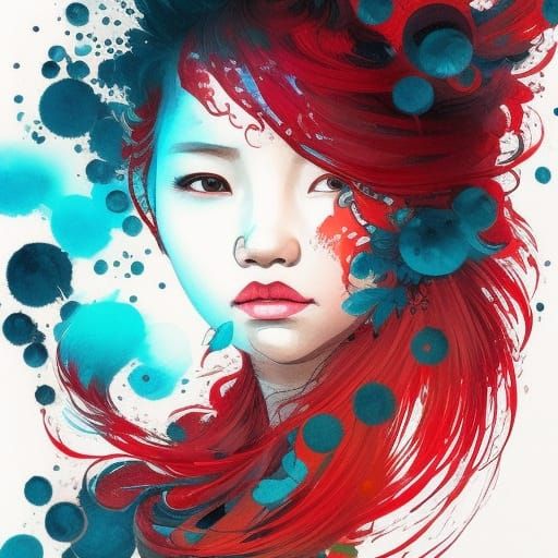 Beautiful Hmong Girl with Red Hair in Gouache