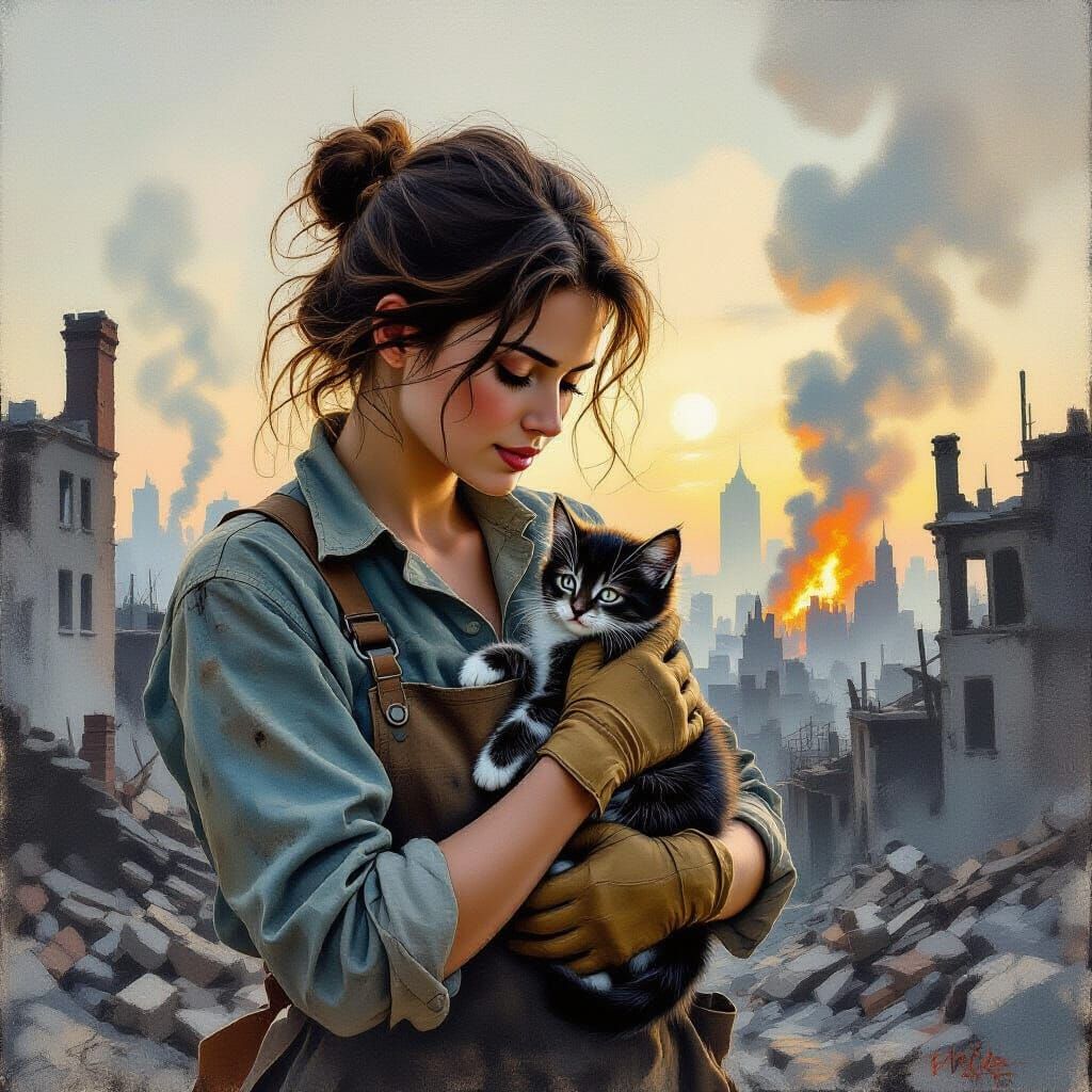 Woman Rescues Kitten from City Destruction Gouache Painting