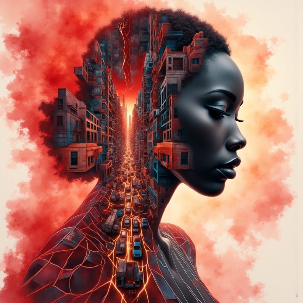 Black Woman Double Exposure with Spider-Man Silhouette and D...