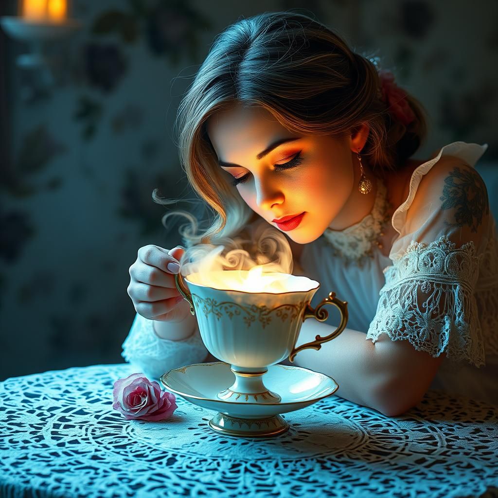 Ethereal Woman Gazing into Mystic Teacup
