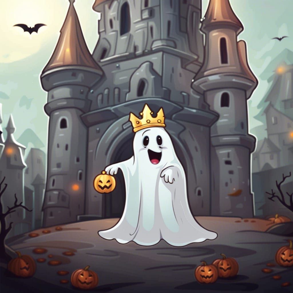 Cute Ghost Mascot Character in Halloween Castle