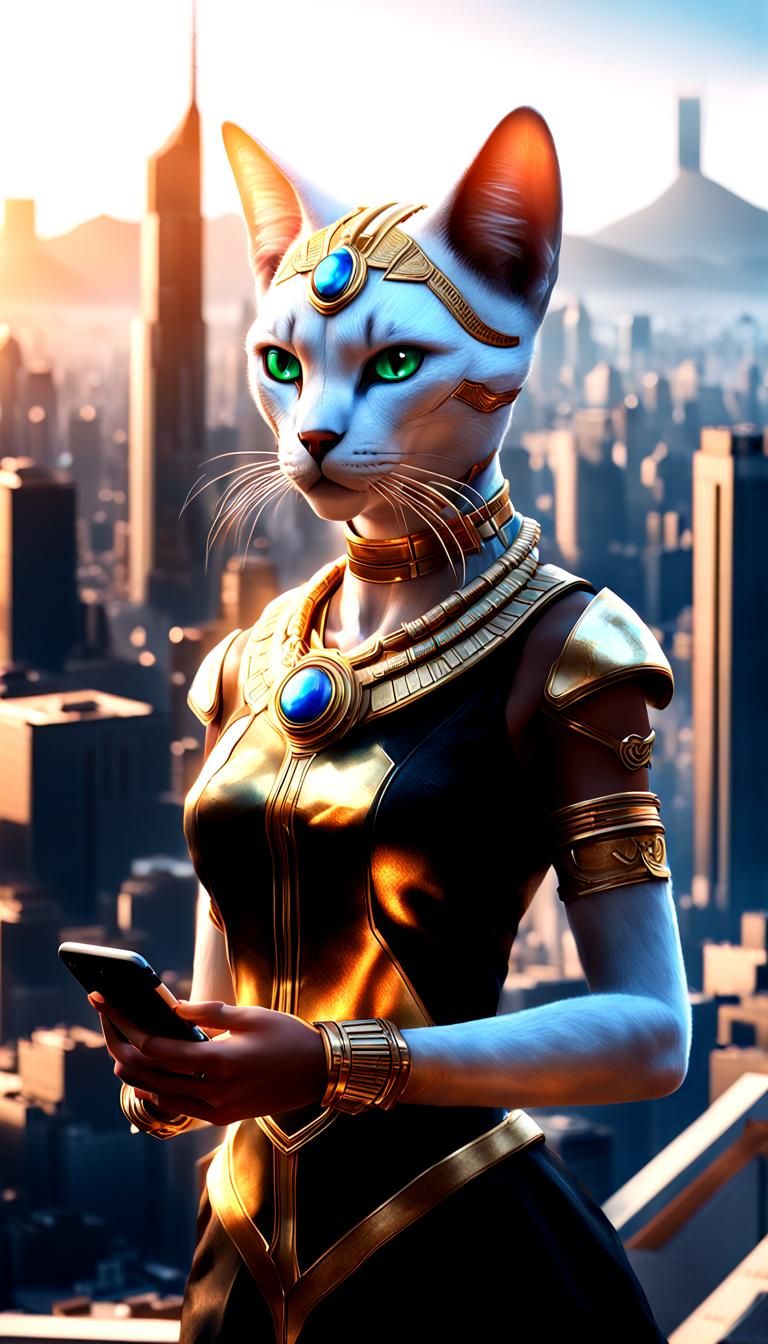 Goddess Bastet with iPhone in Hyperrealistic Style
