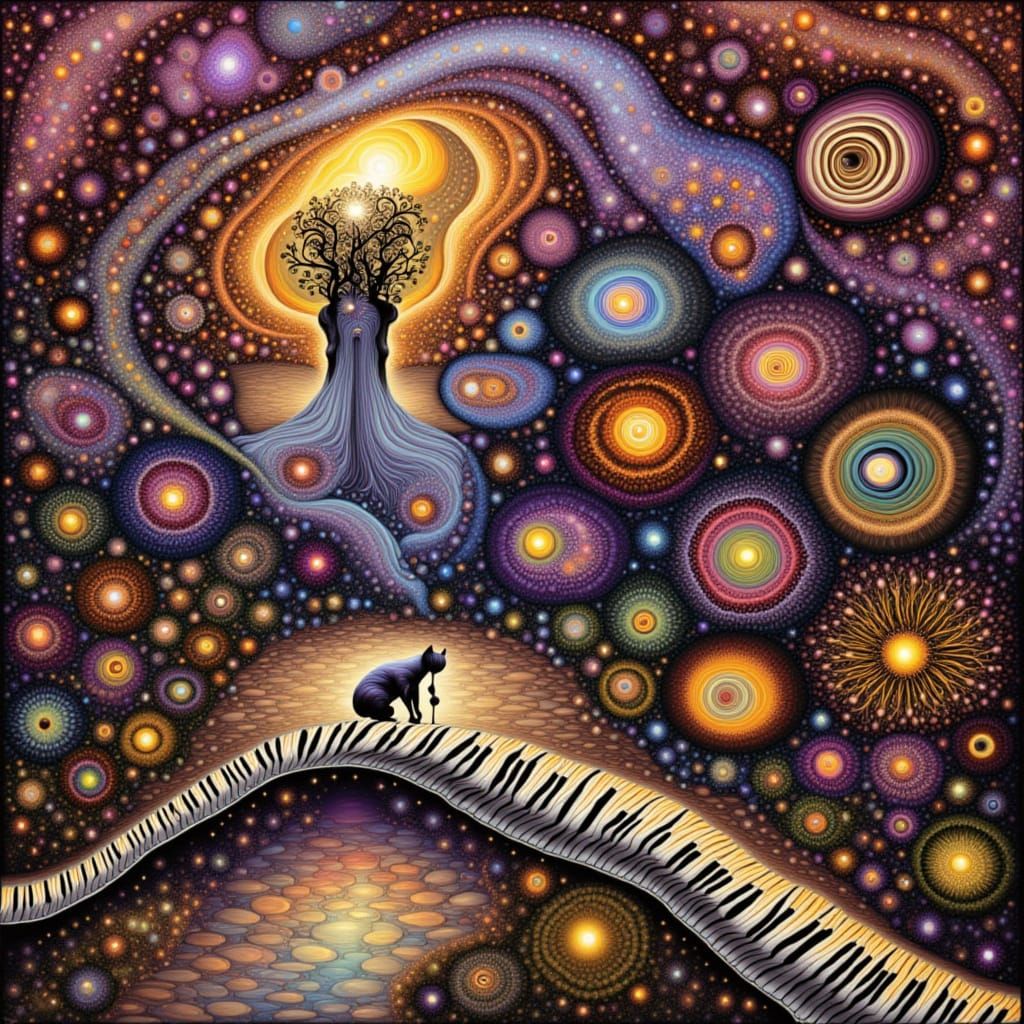 Cosmic Goblin Goddess In Cat Body Plays Piano Keys