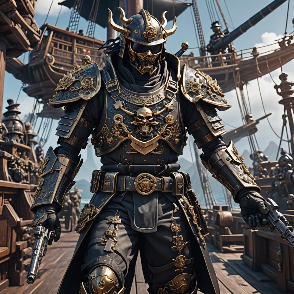 Futuristic Samurai Warrior on Pirate Ship