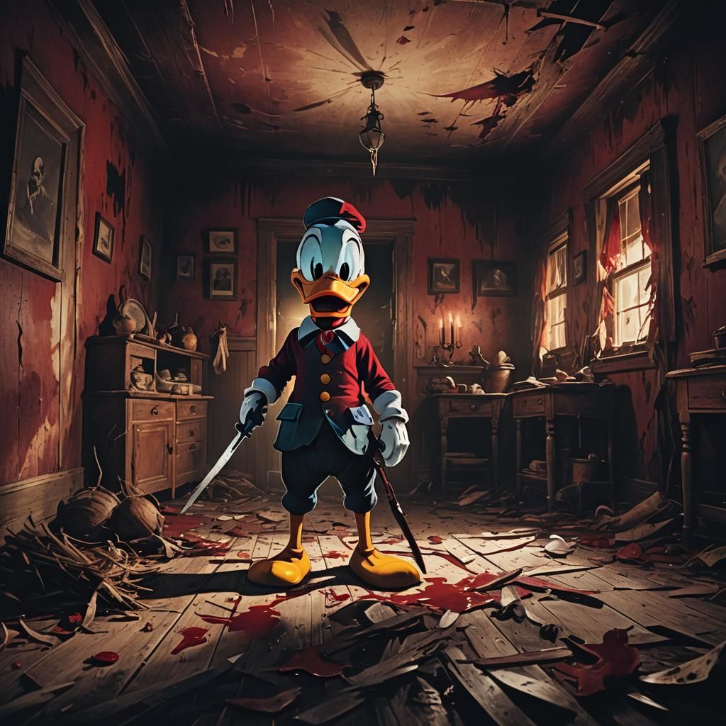 Eerie Donald Duck in Haunted Farmhouse, Fantasy Art