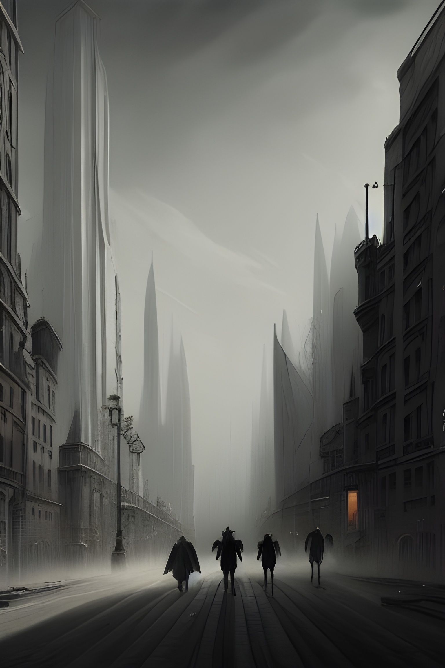 People Walk Beside Skyscrapers: Matte Painting Style