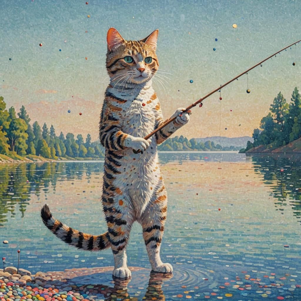 Cat Fishing in Pointillism Style