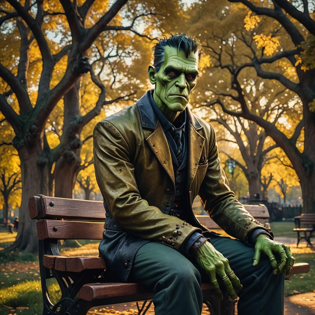 Whimsical Frankenstein on Park Bench in Fantasy Art