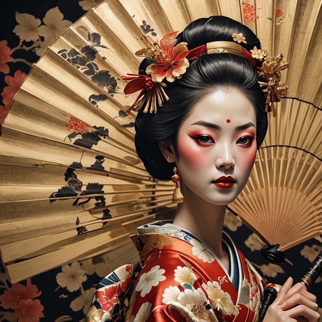 Geisha Reflected in Samurai Sword: Ukiyo-e Style