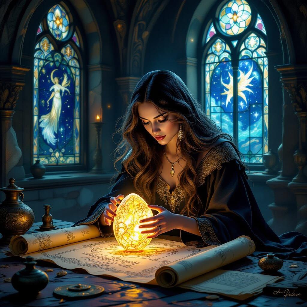 Witch Tends Luminous Phoenix Egg in Ethereal Chamber
