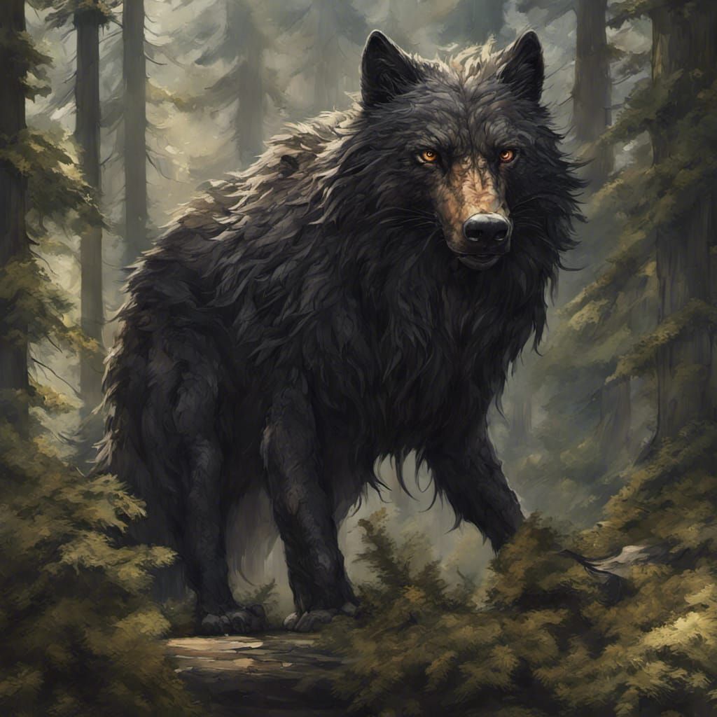 Hyperrealistic Dire Wolf with Bark-like Fur