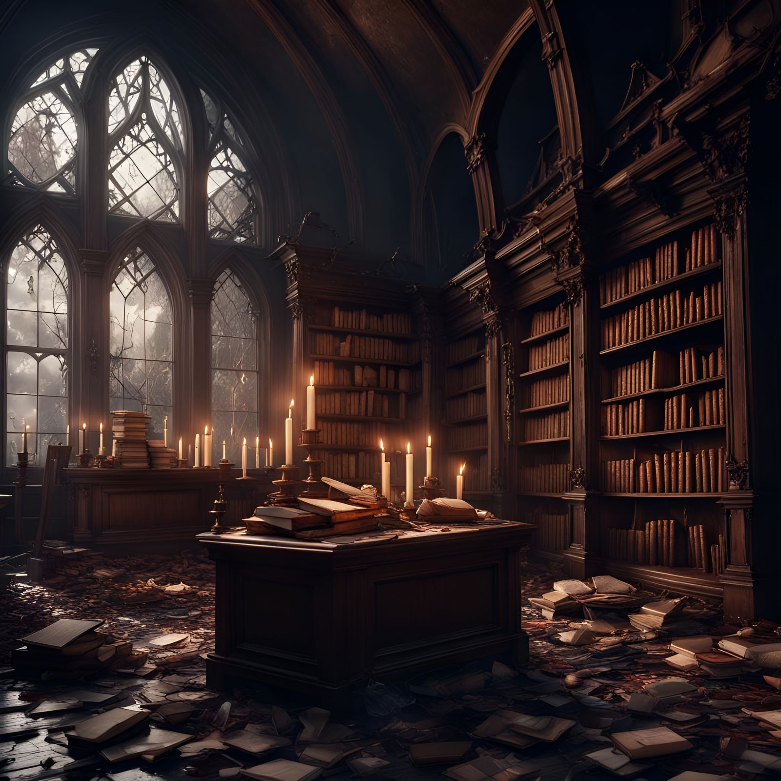 Gothic Mansion: Destroyed Library with Candles