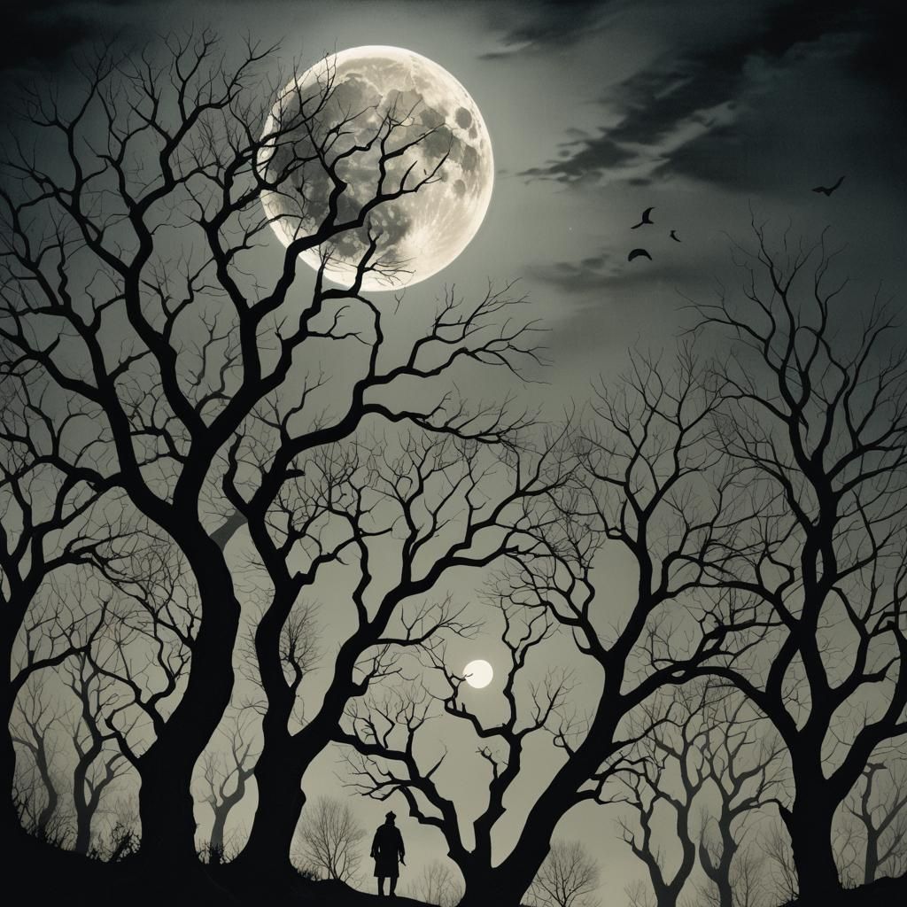 Eerie Silhouette in Moonlit Landscape: Surrealist Art