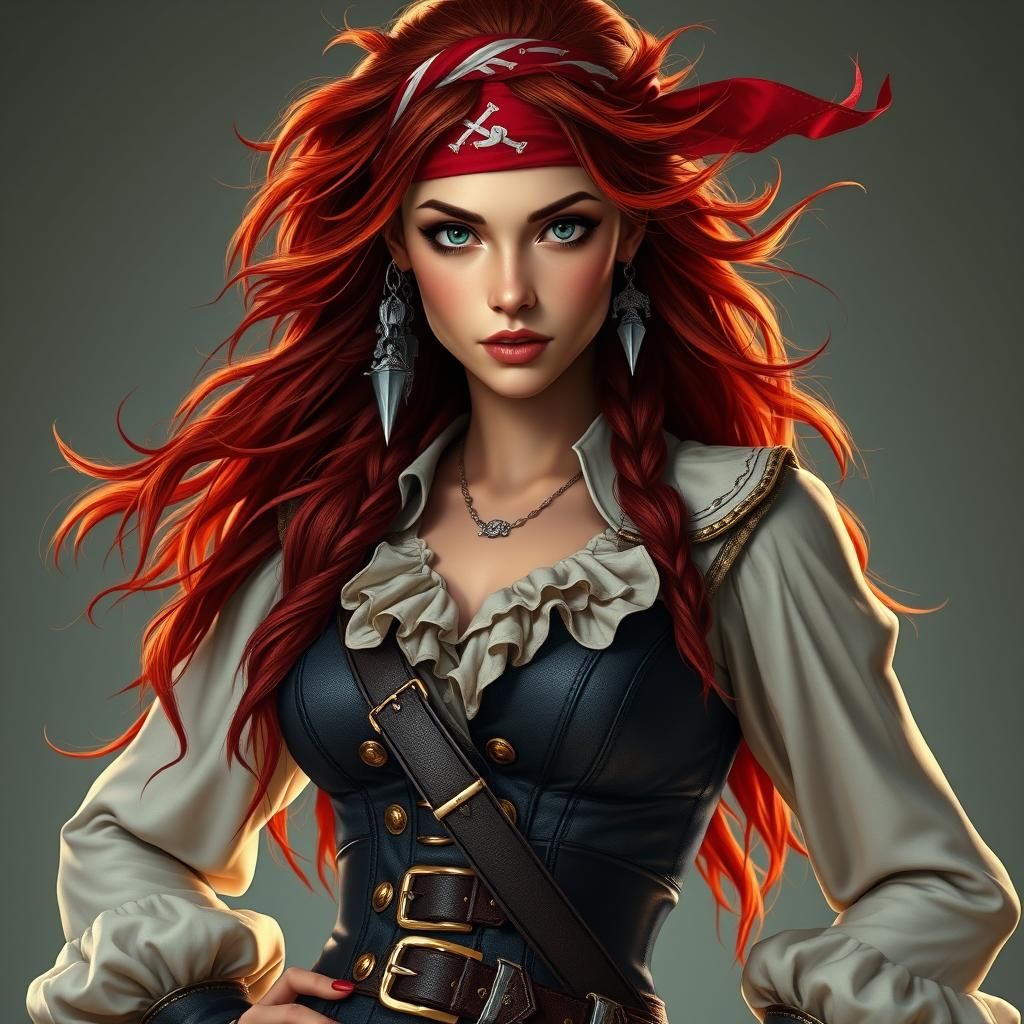 Fiery Red-Haired Pirate in Art Nouveau Style