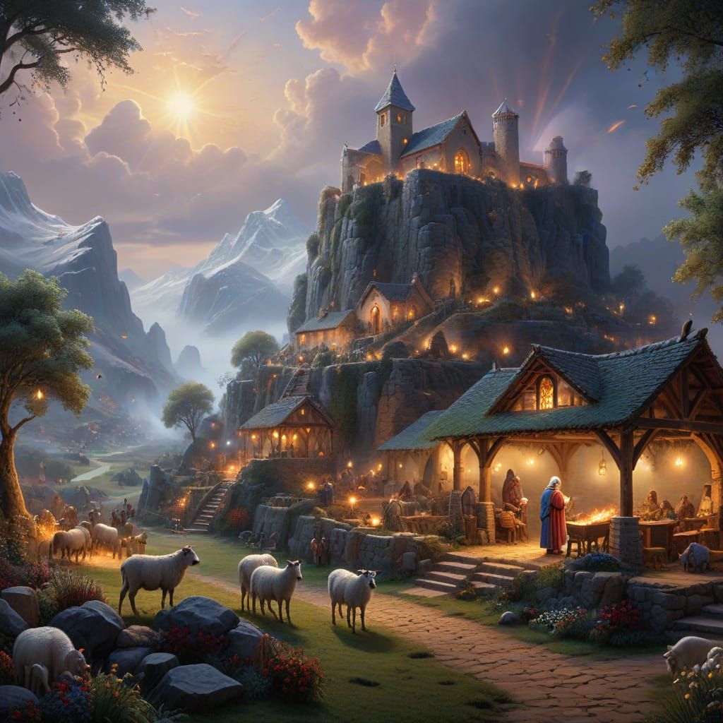 Ethereal Nativity Scene with Angel and Shepherds