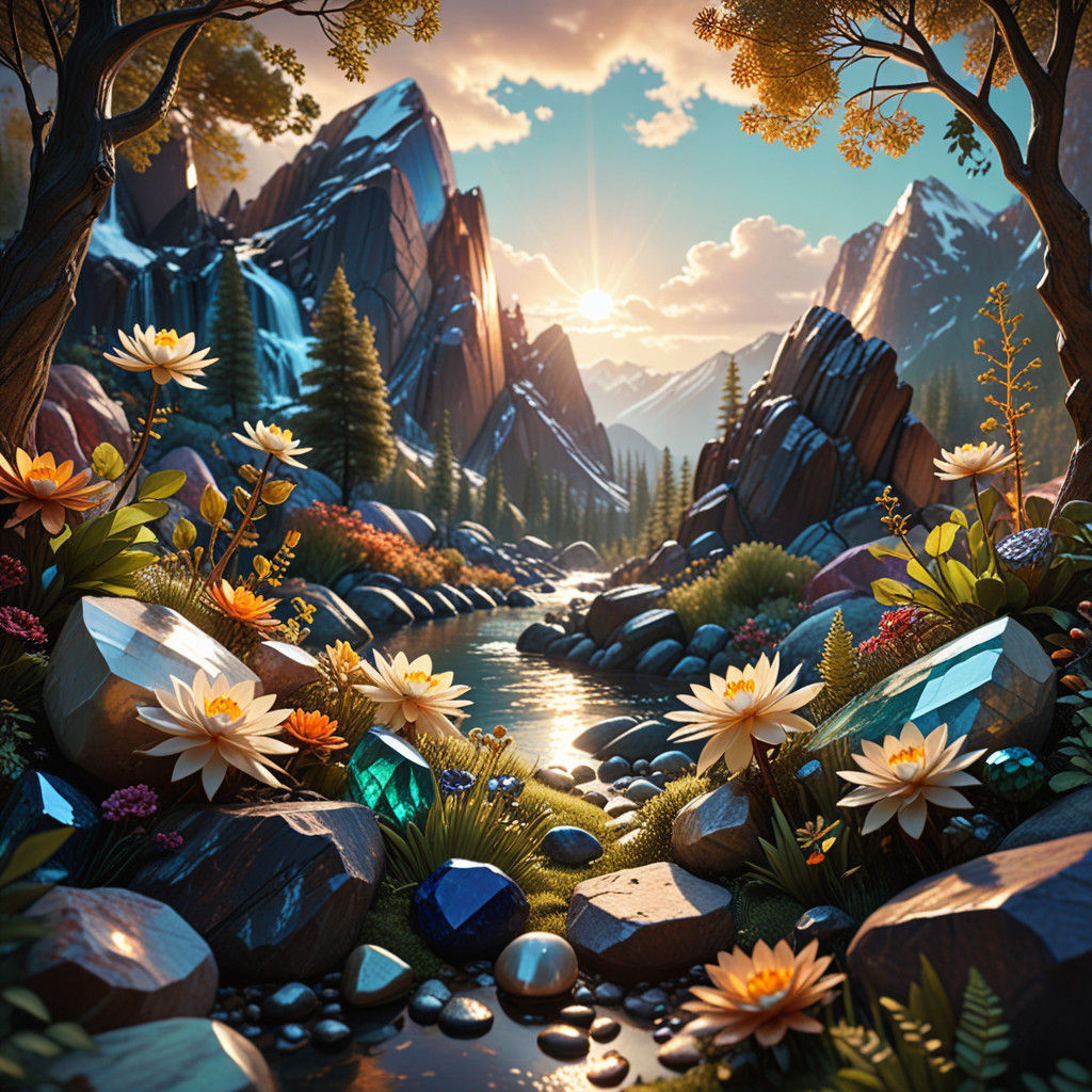 Vibrant Fantasy Gemstone World with Radiant Sun and Towering...