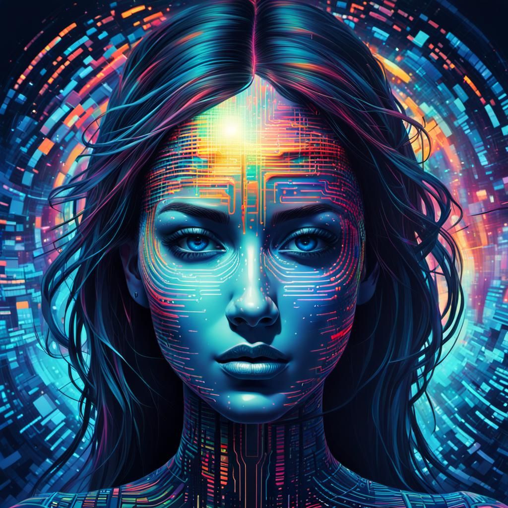 A mesmerizing binary code effect forming a silhouette of her...