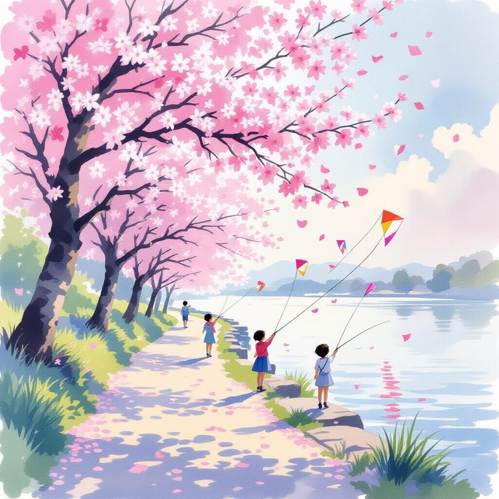 Watercolor Riverside Scene with Cherry Blossoms and Children...