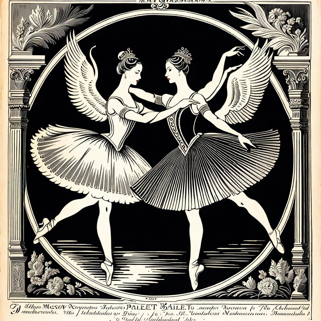 Moscow Ballet Swan Lake Hologram in Romantic Woodcut Style