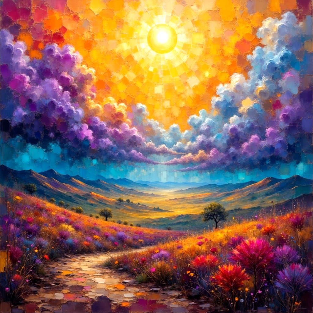 Vibrant Landscape with Rainbow in Impasto Style