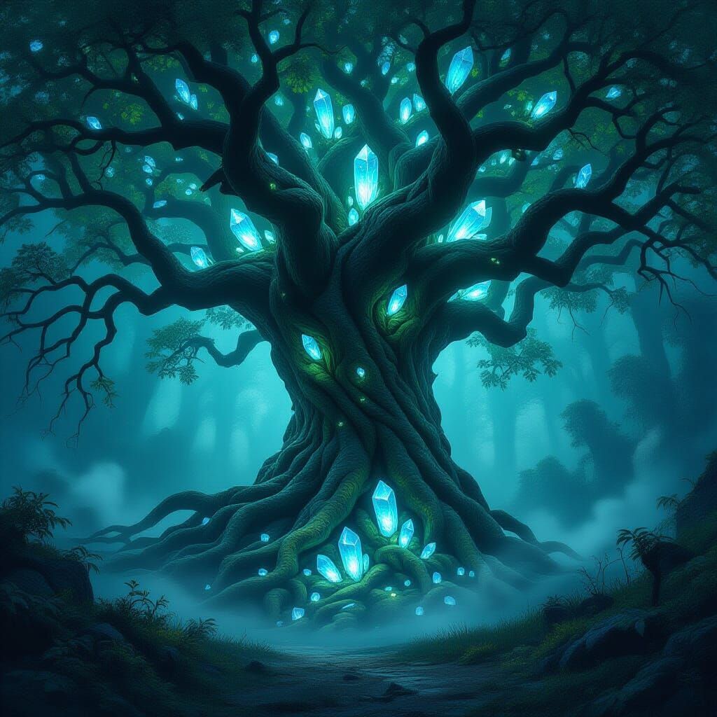 Ancient Bioluminescent Tree with Crystal Roots in Mystical F...