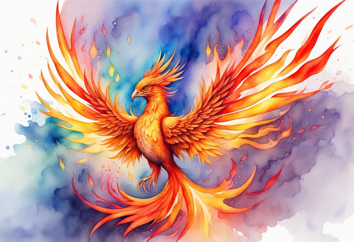 Rainbow Phoenix in Watercolor with Fire and Sparks