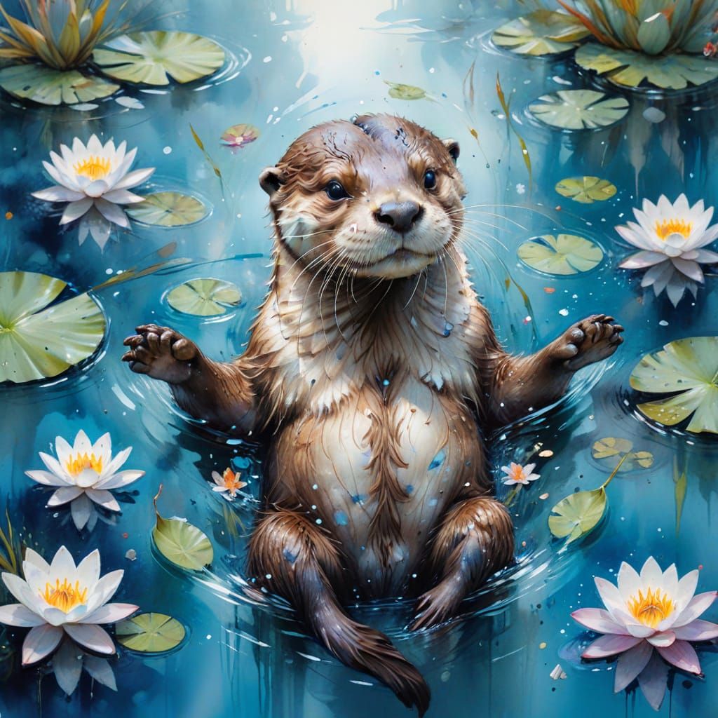 Playful Otter in Lake as Stylized Watercolor