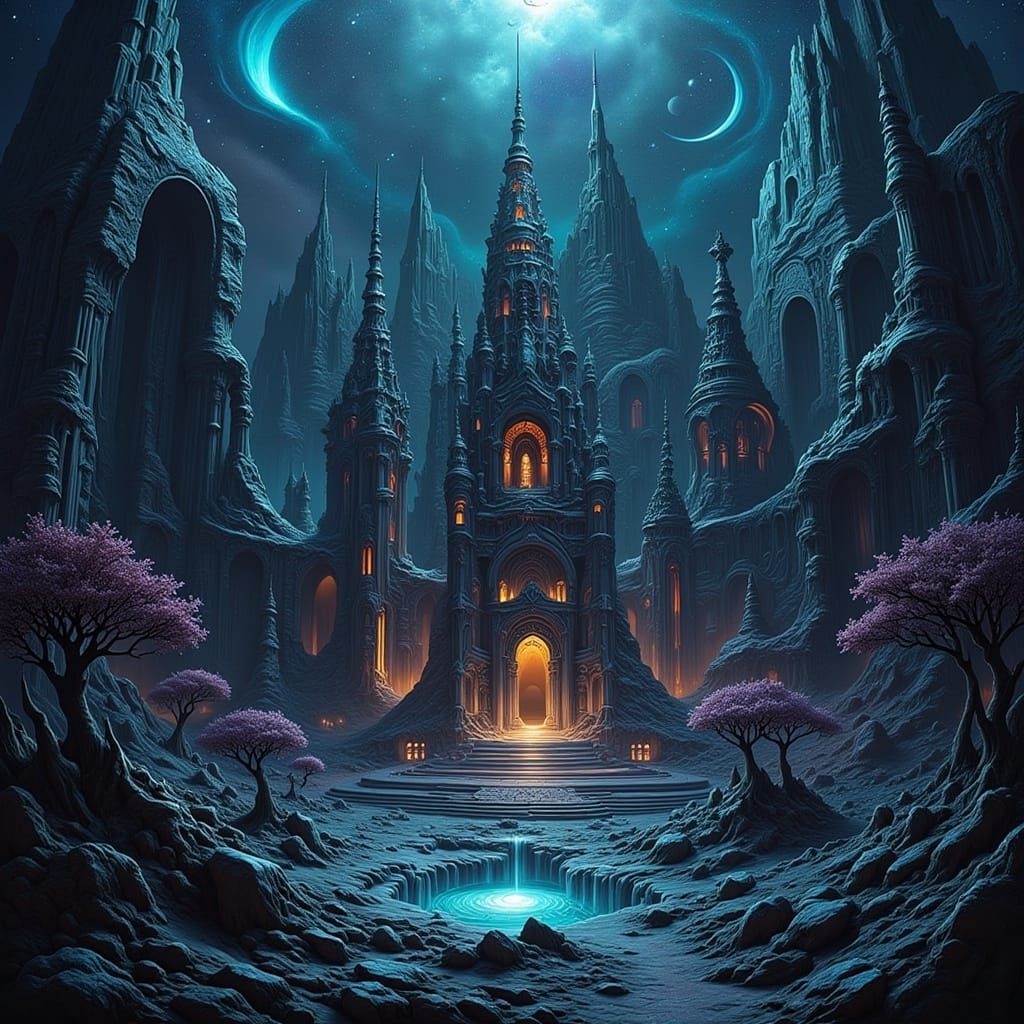 Alien Moon City in Bioluminescent Cosmic Horror Style