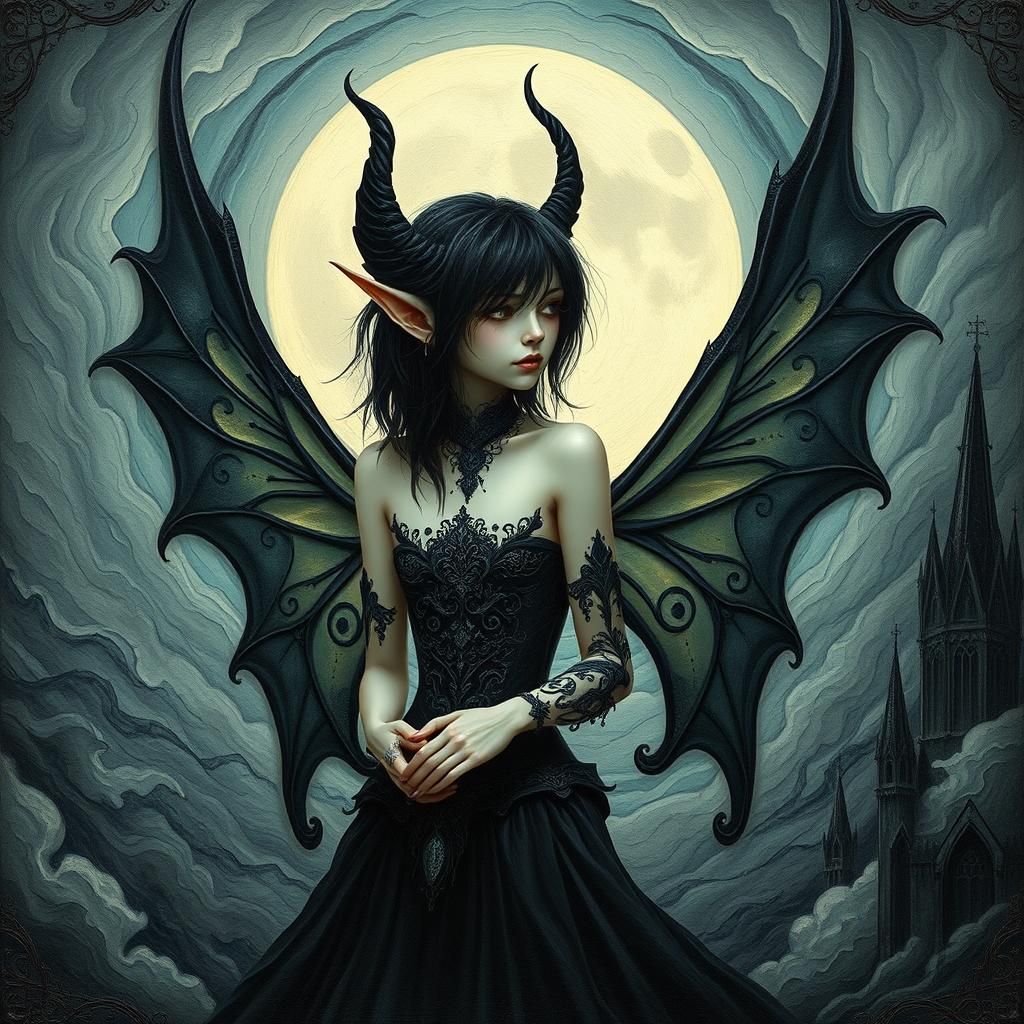 Gothic Fairy Elf with Ethereal Wings as Impasto Art