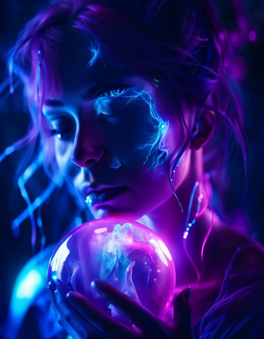 Neon Fairy in Glass Orb: Hyperrealistic Fantasy Art