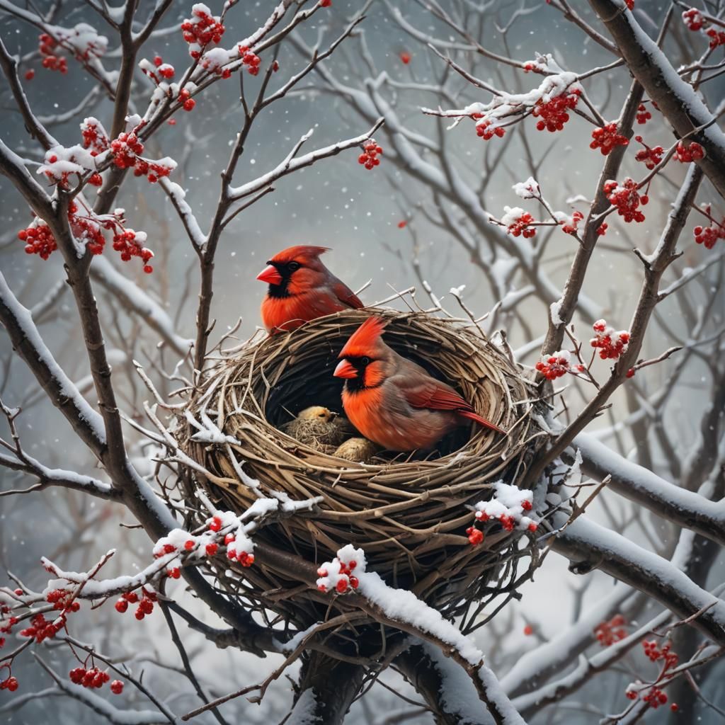 Cardinal in Winter Nest: Fantastical Concept Art