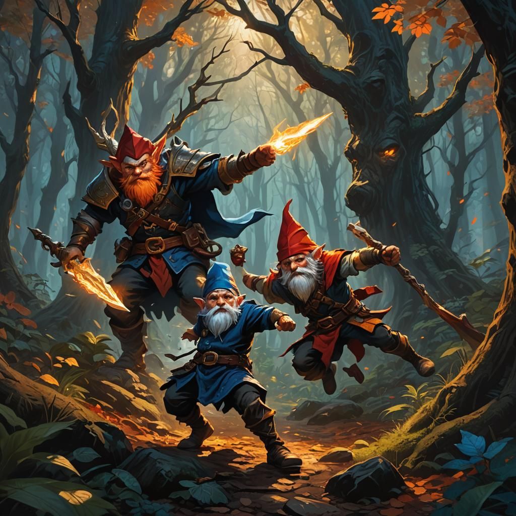 Gnome Fighter and Dwarven Mage Battle in Dark Forest