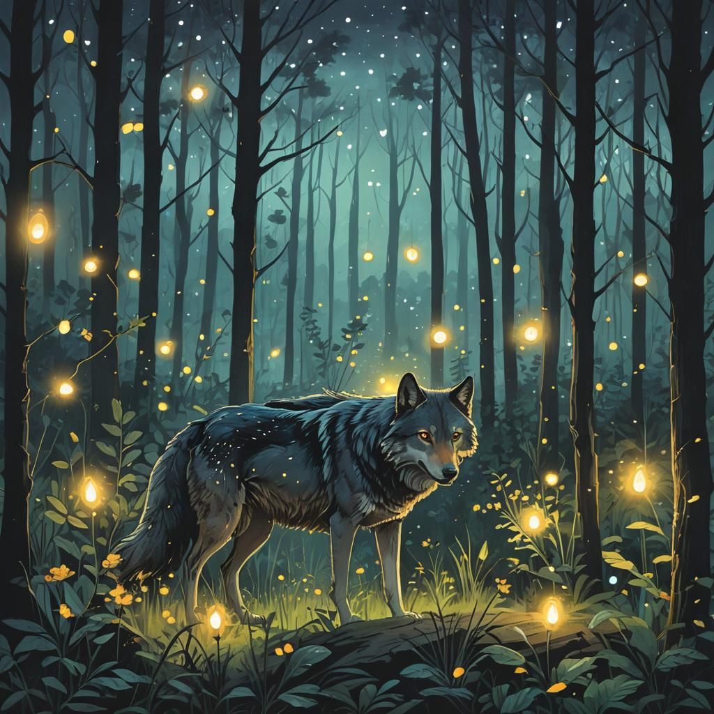 Night Forest Scene with Wolf and Fireflies