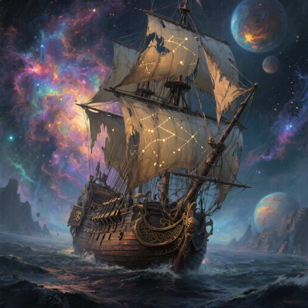 Majestic Pirate Ship Sails Through Cosmic Nebula